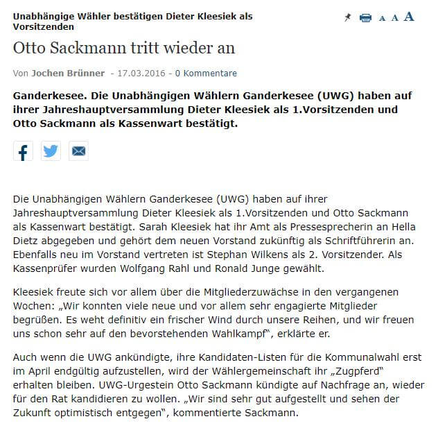 Presseartikel: Otto Sackmann tritt wieder an