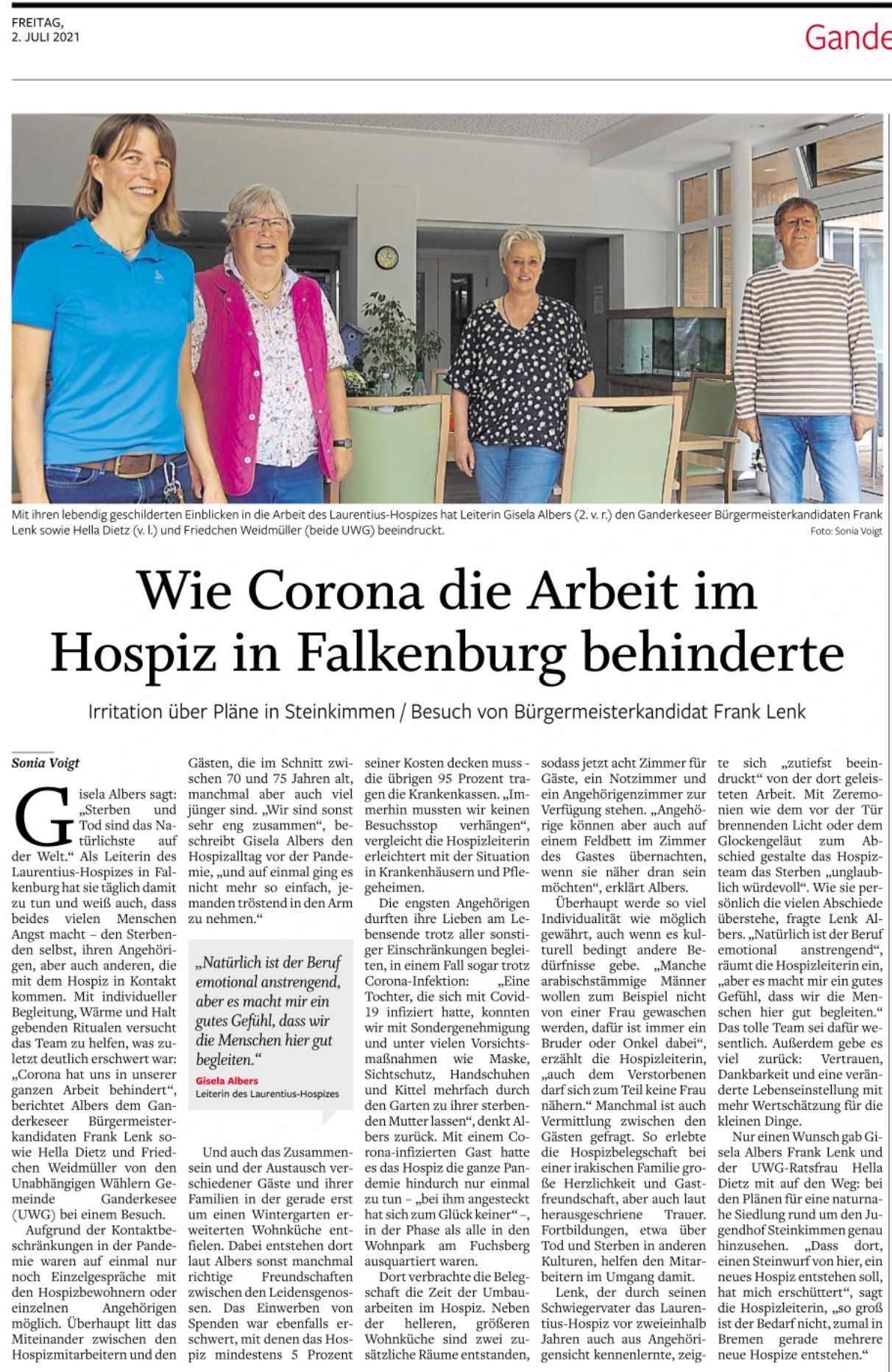 Hella Dietz, Friedchen Weidmüller und Frank Lenk zu Besuch im Hospiz in Falkenburg